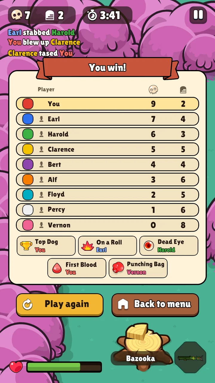 The scoreboard after a round: You win, nine players and five awards